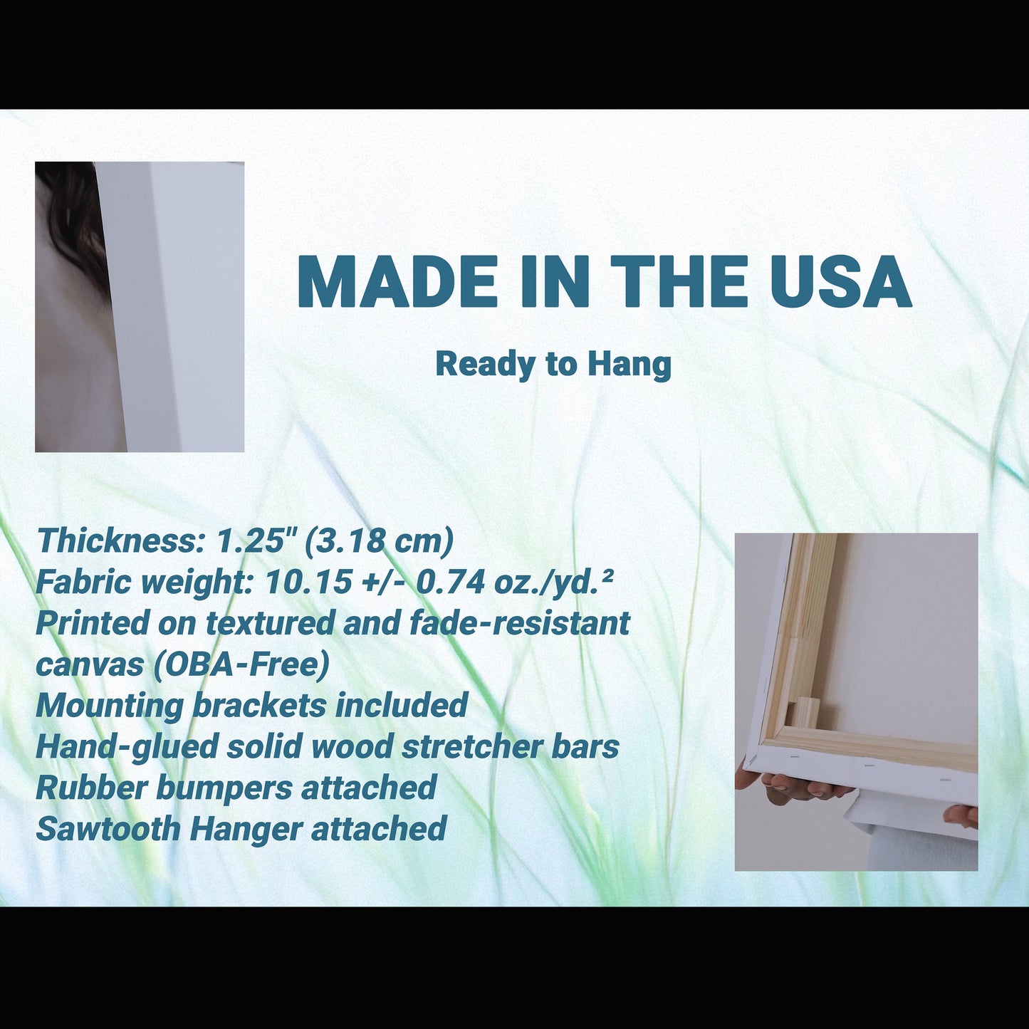 Canvas with text detailing features and specifications, including 'Made in the USA' and 'Ready to Hang'.