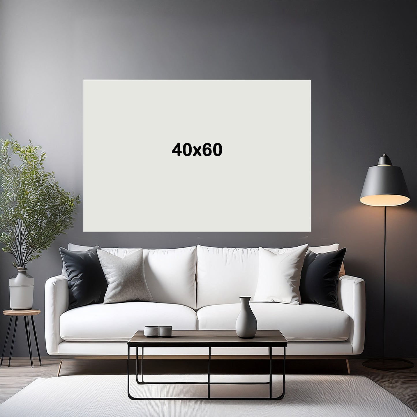 White wall with a framed picture labeled '40x60', white sofa with black and gray pillows, and a floor lamp.
