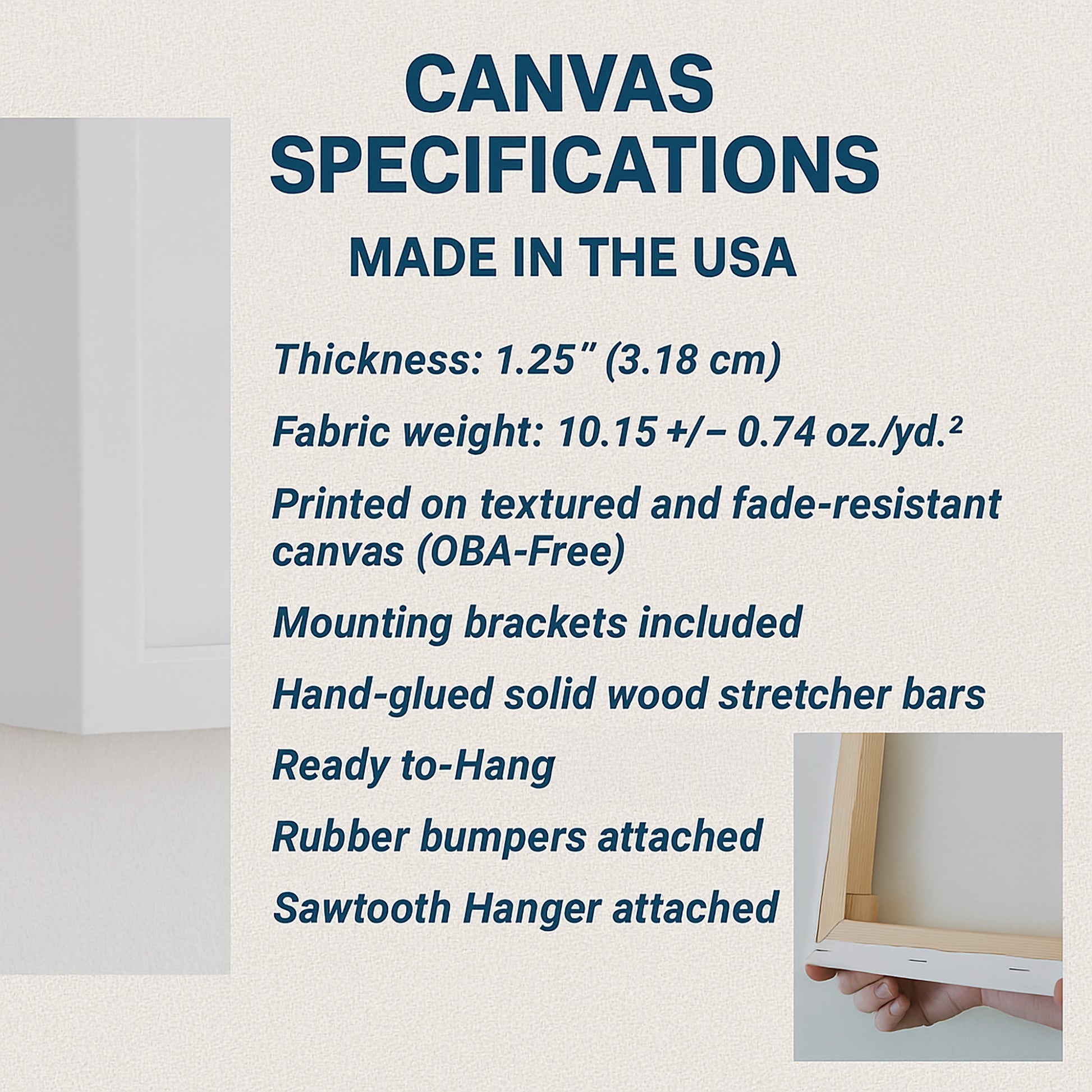Canvas specifications text with a small image of a framed canvas on a light gray background