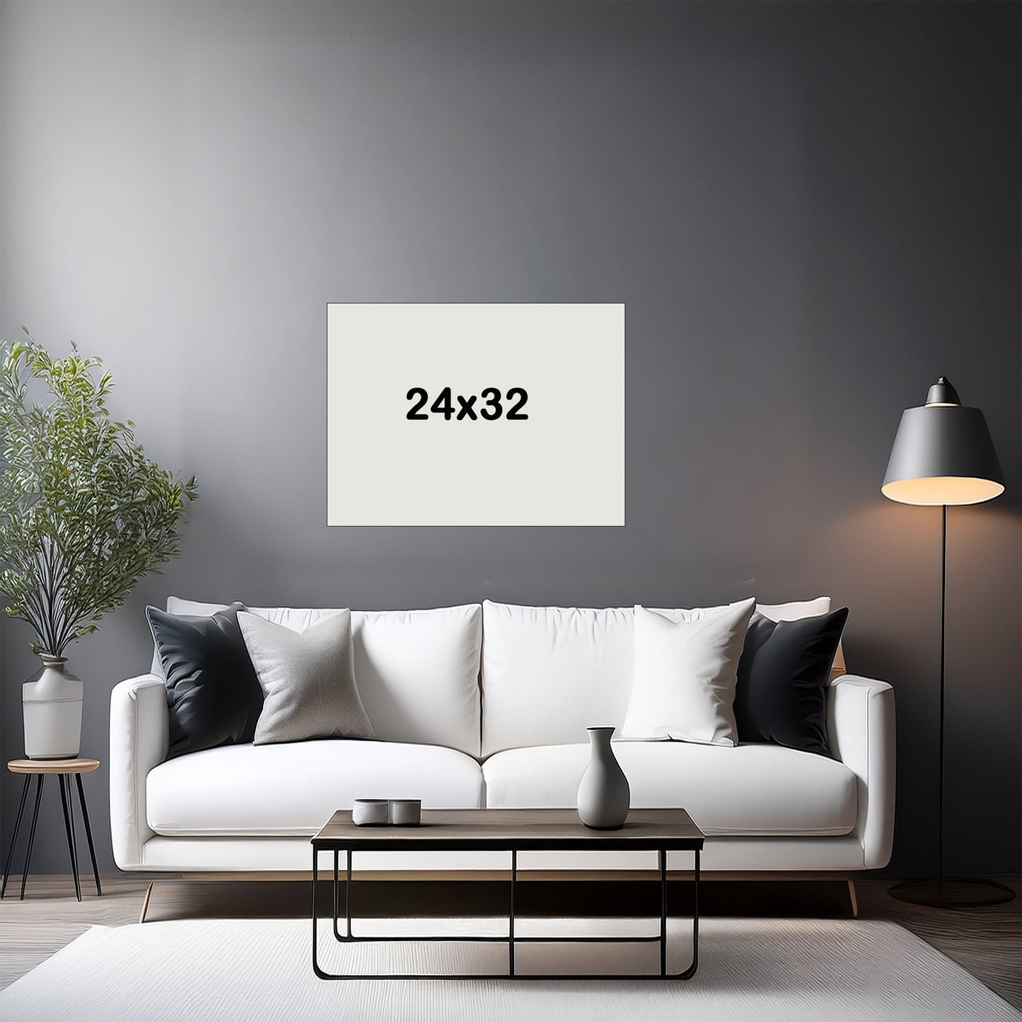 Modern living room with a white sofa, coffee table, and decorative items.