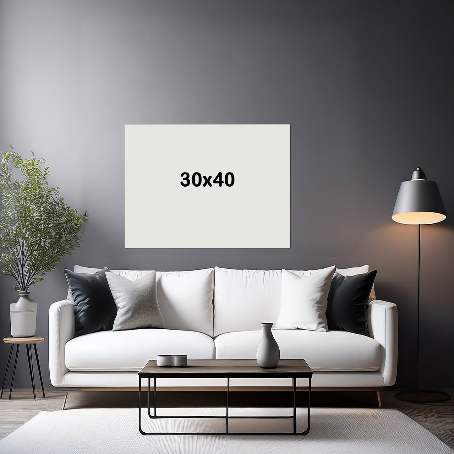 Modern living room with a white sofa, coffee table, and decorative items displaying 30x40 inch size canvas.