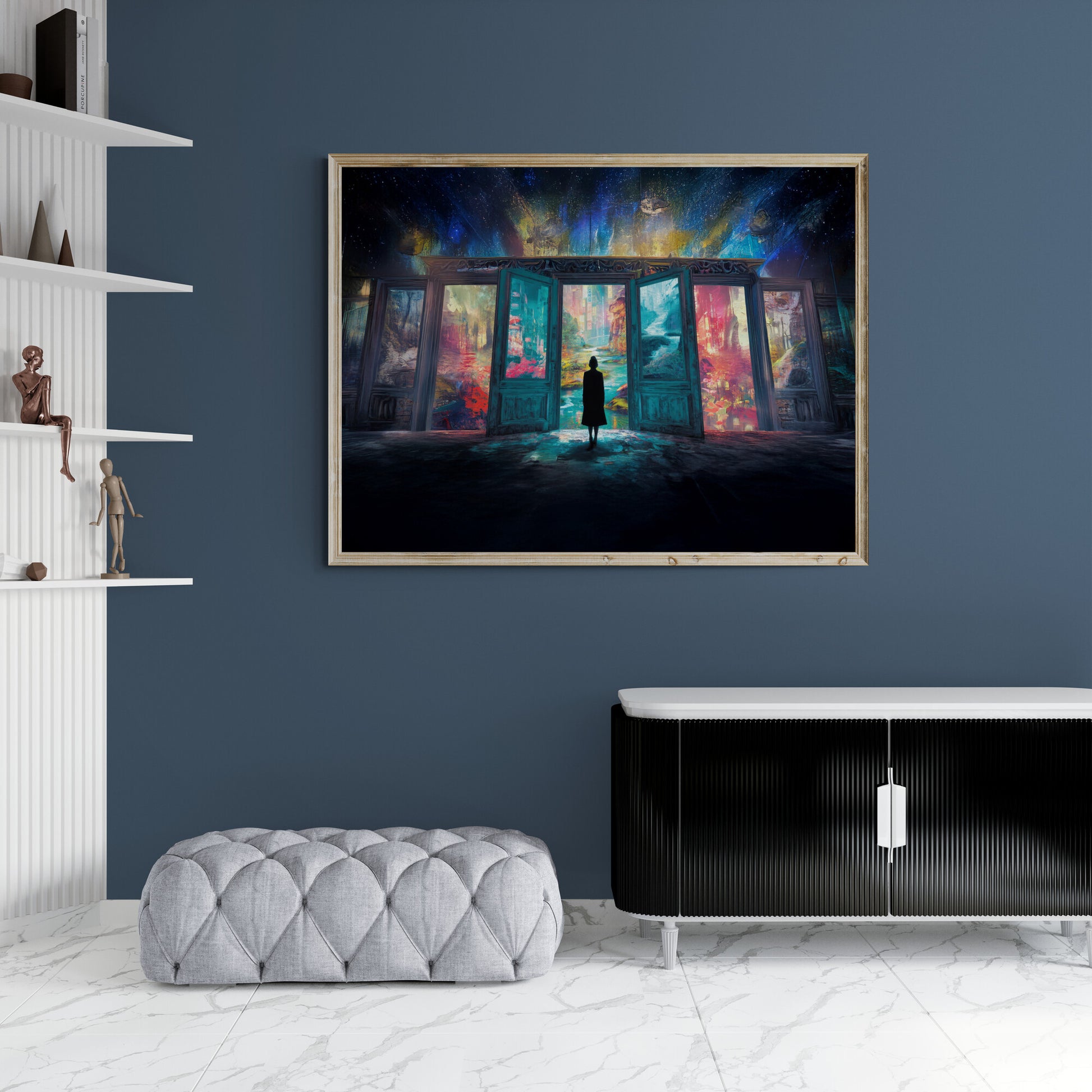 Fantasy wall art featuring a silhouetted figure facing luminous doors to infinite, colorful dream worlds under a cosmic sky — a surreal journey between imagination and reality