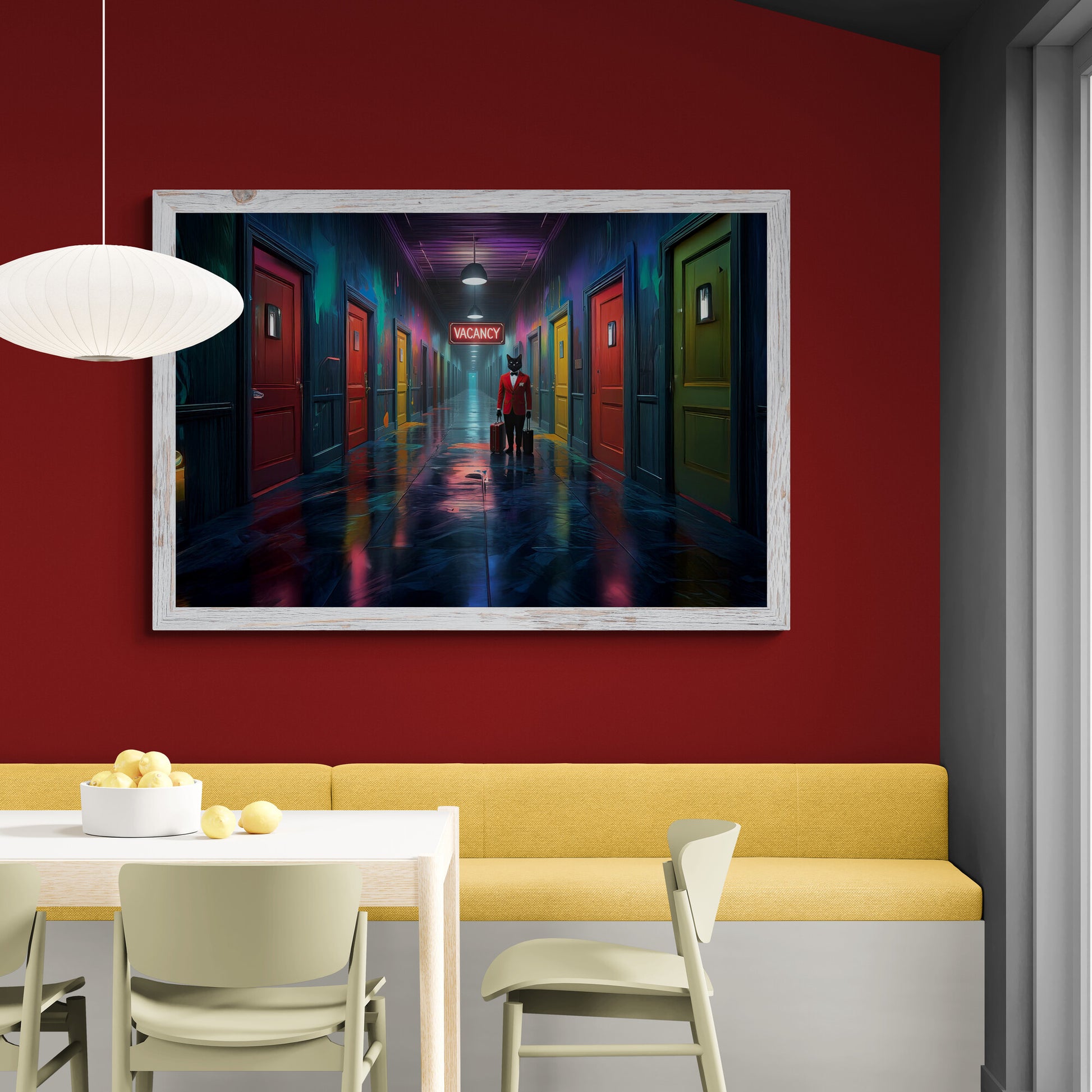 Premium noir fantasy canvas featuring a mysterious cat in red jacket in a glowing surreal hotel scene on a red wall above a yellow bench and table.