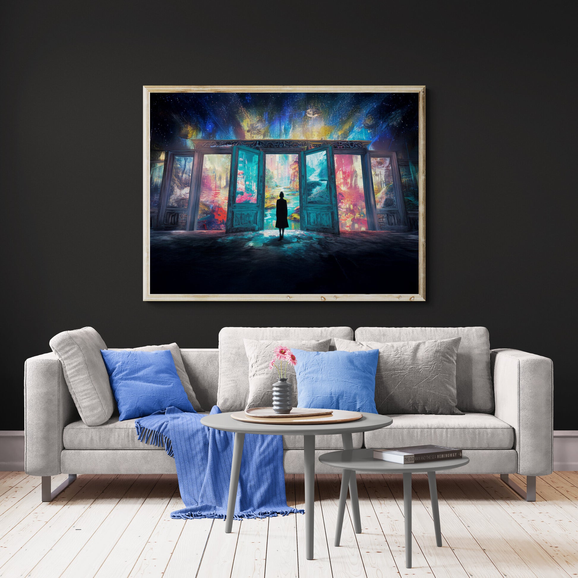Surreal fantasy canvas print of a lone figure standing before glowing portals to colorful dream realms