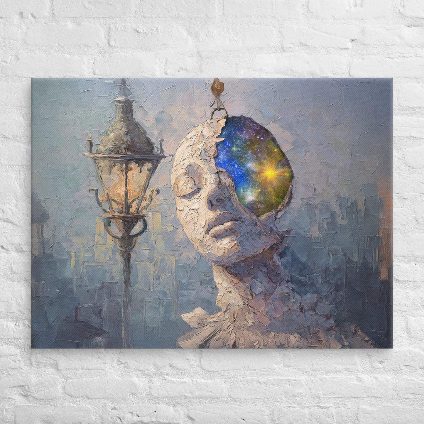 Cosmic Mind horizontal canvas wall art, surreal portrait with glowing galaxy and lantern.