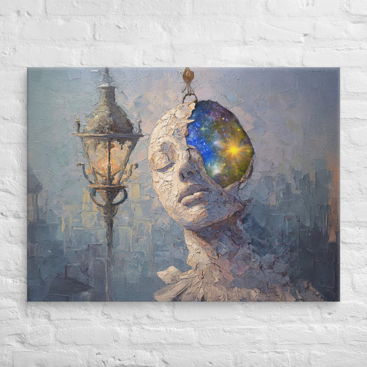Cosmic Mind horizontal canvas wall art, surreal portrait with glowing galaxy and lantern.