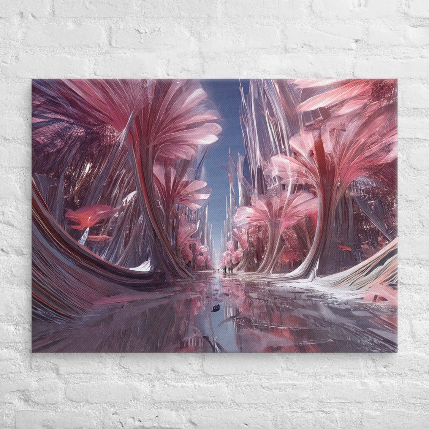 Surreal pink crystal garden with towering floral structures on premium canvas wall art