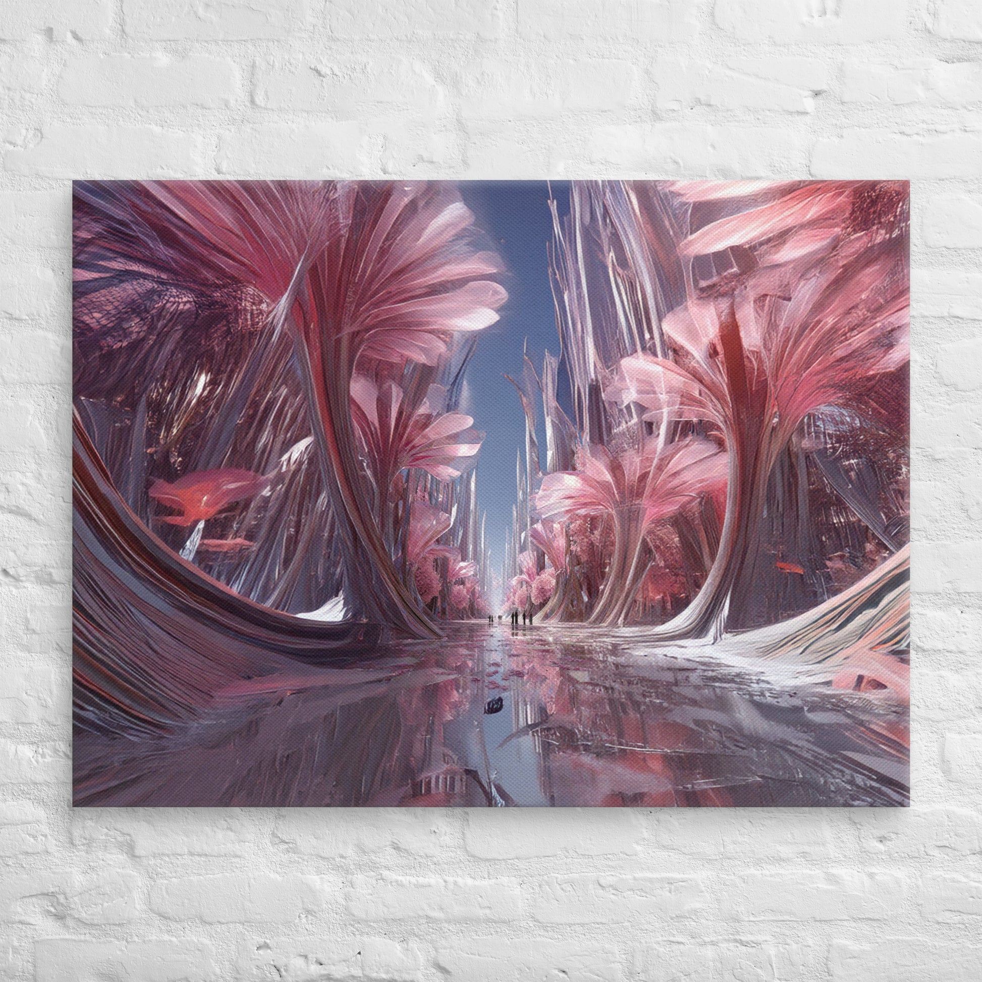 Surreal pink crystal garden with towering floral structures on premium canvas wall art