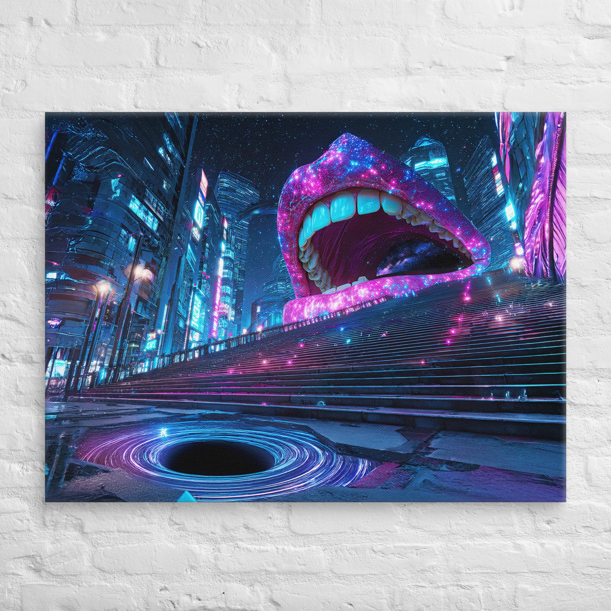 Surreal neon cyberpunk city with glowing galaxy mouth and cosmic portal on premium canvas wall art