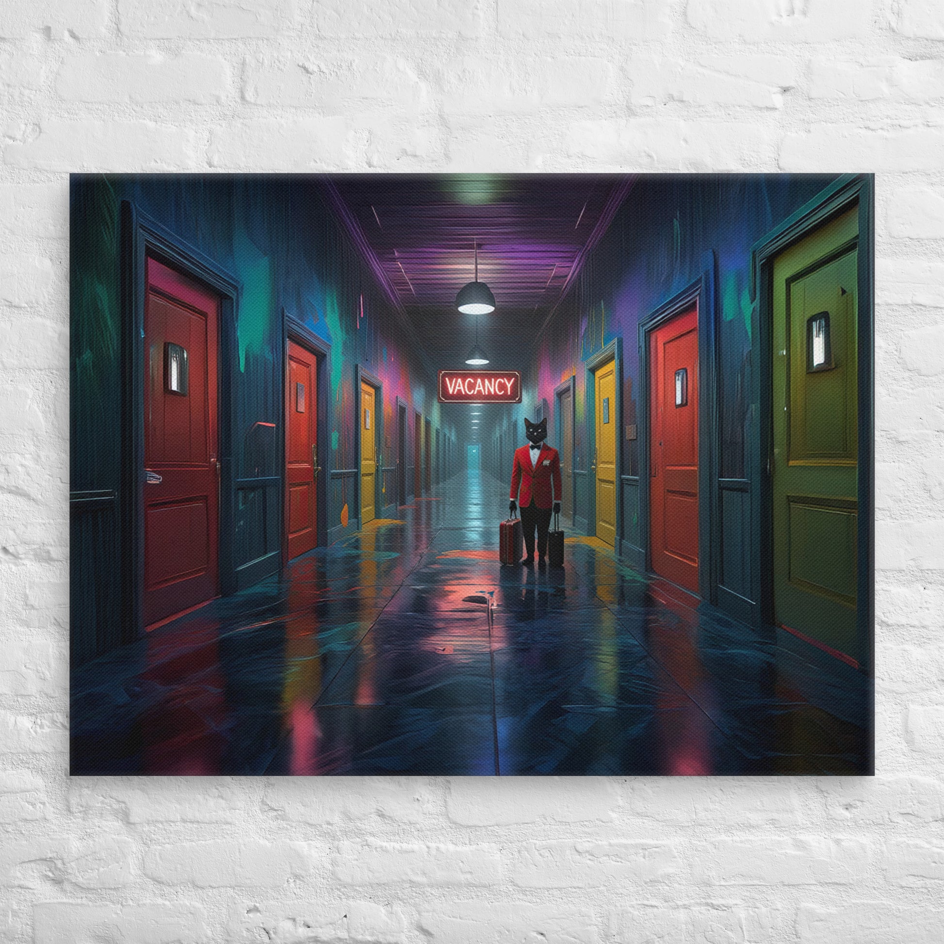Surreal noir hotel hallway with a black cat in a red suit under a neon vacancy sign on premium canvas wall art