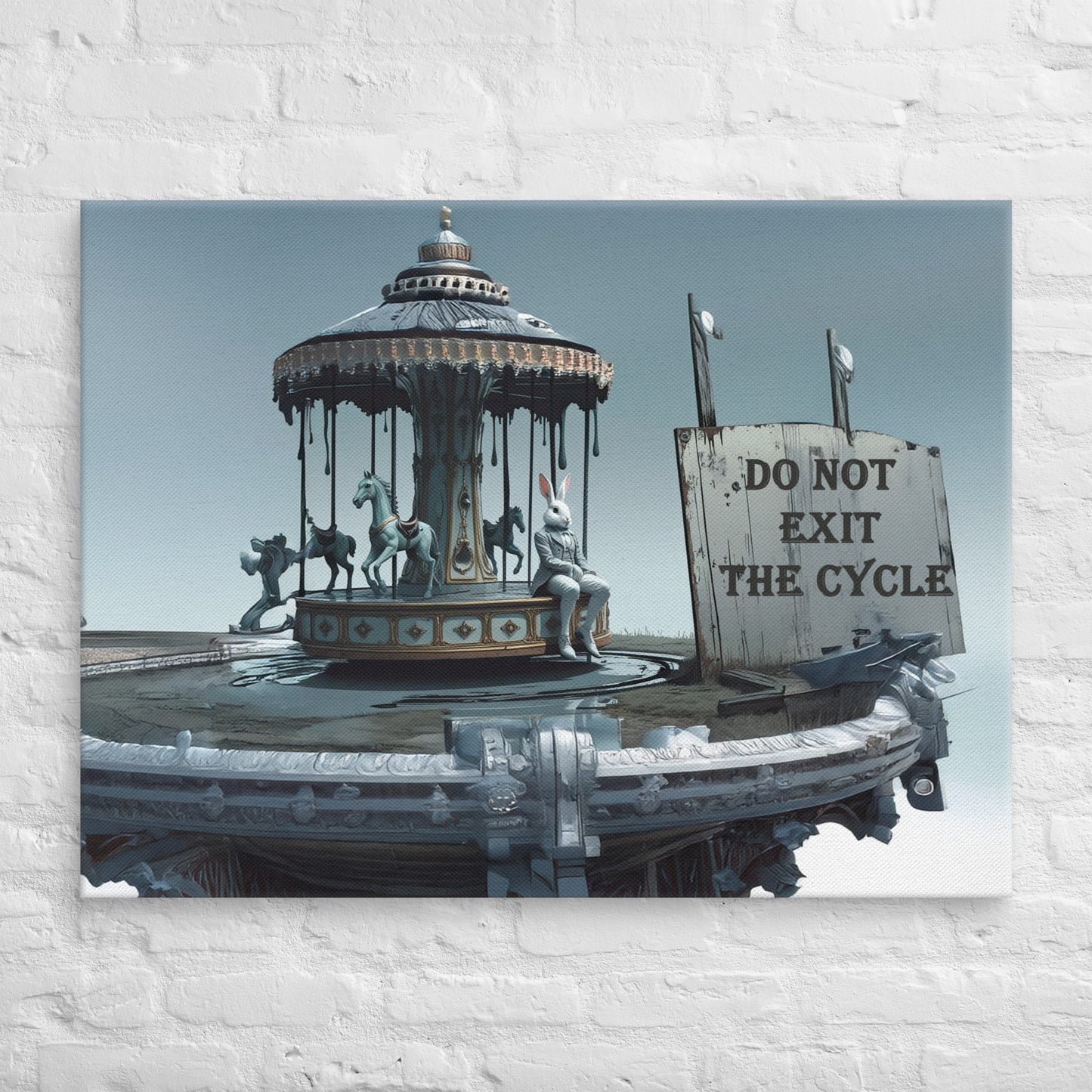 Surreal artwork of a white rabbit sitting on a carousel with pale blue horses beside a weathered sign that reads 'Do Not Exit the Cycle' against a muted sky.