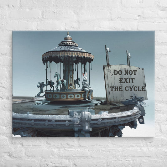 Surreal artwork of a white rabbit sitting on a carousel with pale blue horses beside a weathered sign that reads 'Do Not Exit the Cycle' against a muted sky.