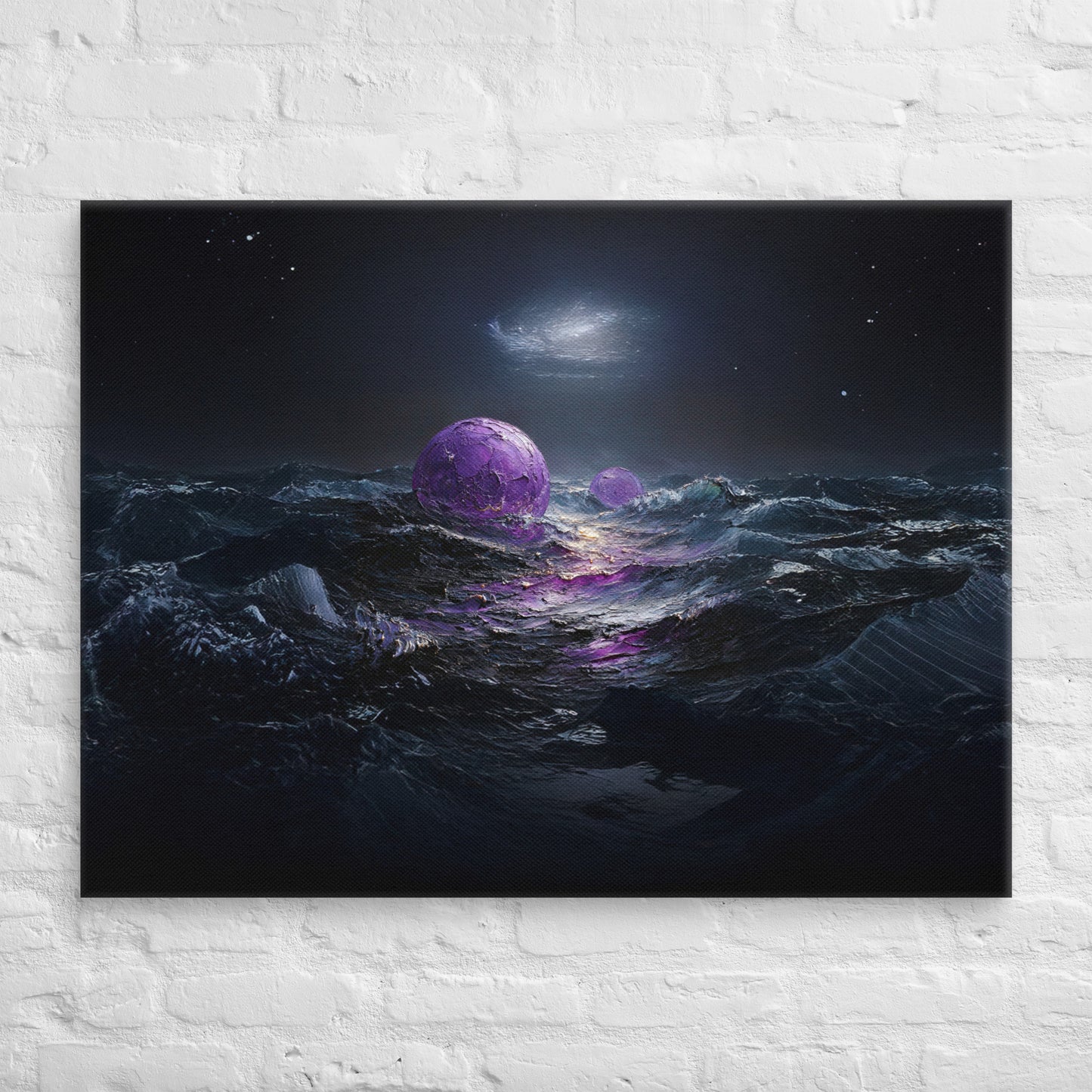 Surreal cosmic ocean scene with glowing purple orbs floating on dark waves under a starry night sky, illuminated by a distant galactic light.