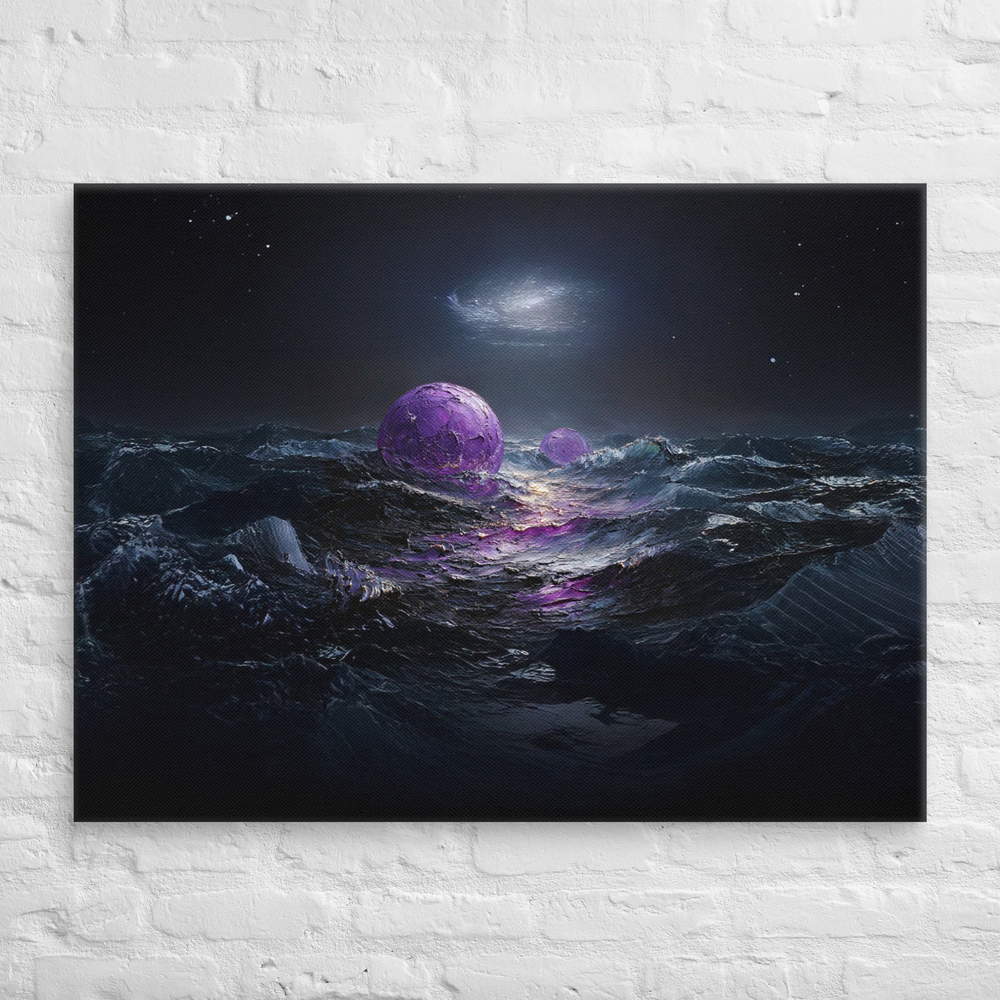 Surreal cosmic ocean scene with glowing purple orbs floating on dark waves under a starry night sky, illuminated by a distant galactic light.