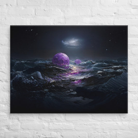 Surreal cosmic ocean scene with glowing purple orbs floating on dark waves under a starry night sky, illuminated by a distant galactic light.