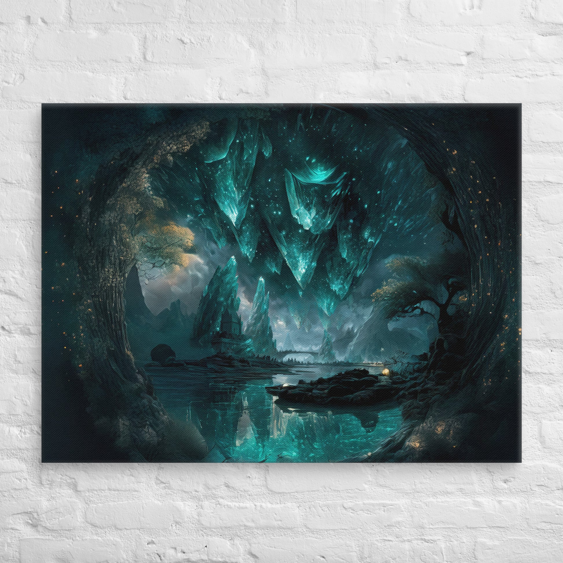 Surreal fantasy landscape of glowing turquoise crystal formations above a reflective lake, framed by trees, with mystical light illuminating the scene.