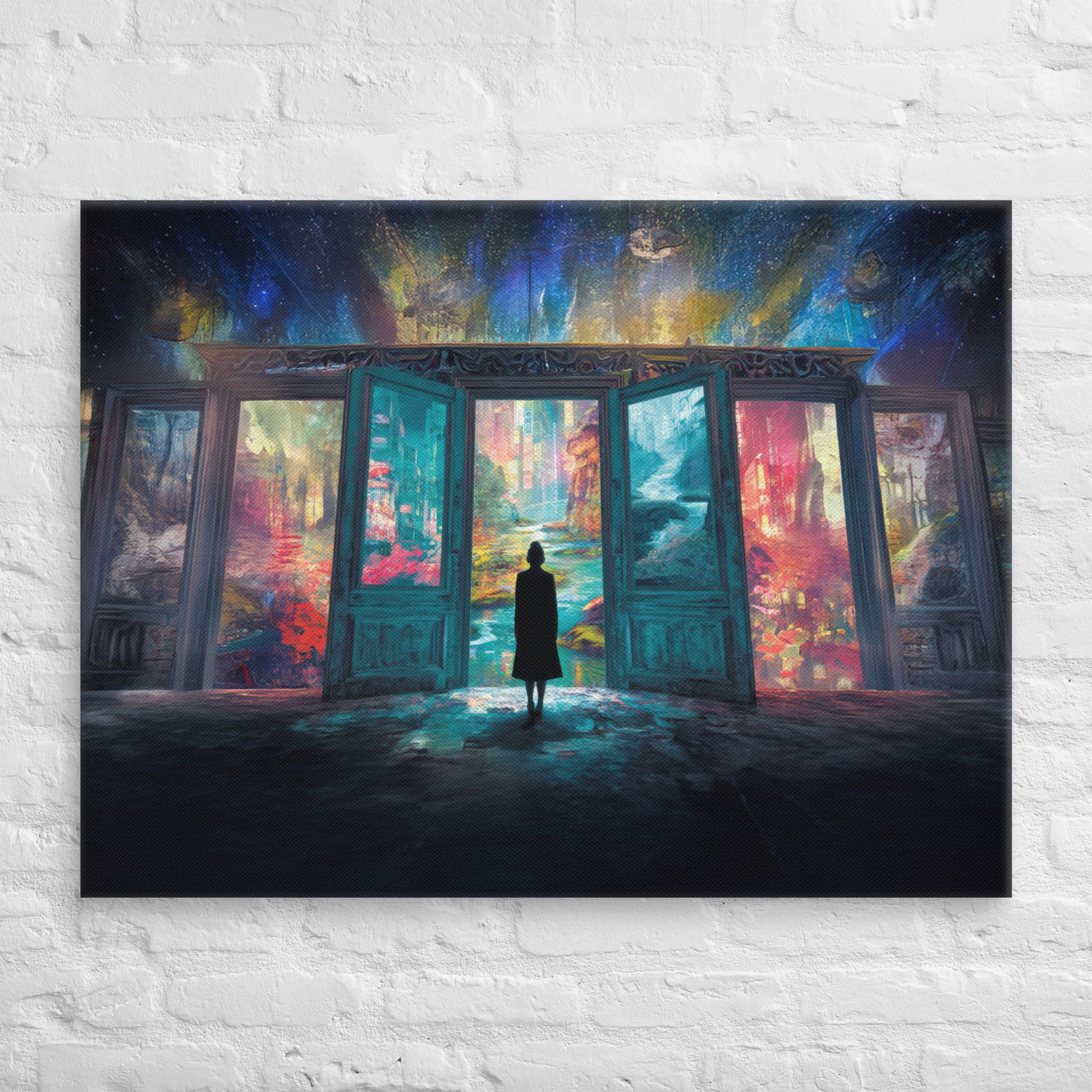 Fantasy wall art of glowing doors opening into dreamlike worlds