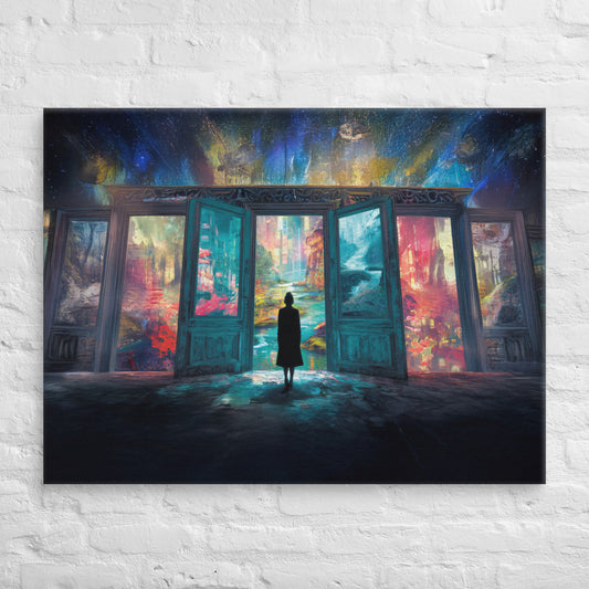 Fantasy wall art of glowing doors opening into dreamlike worlds