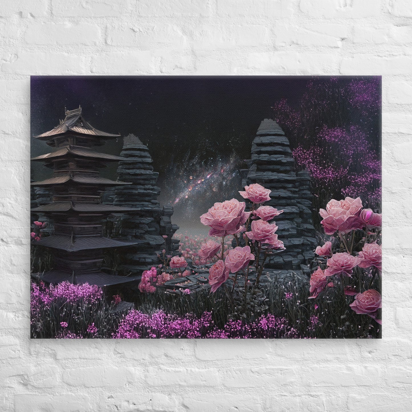 Fantasy wall art of a pagoda and pink roses under a starry night sky