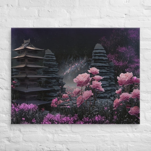 Fantasy wall art of a pagoda and pink roses under a starry night sky