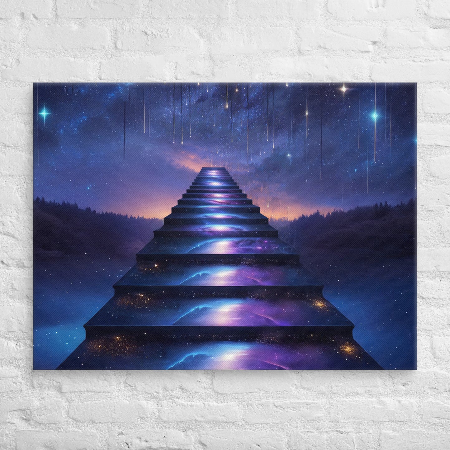 Fantasy wall art of a glowing staircase leading into a starry night sky