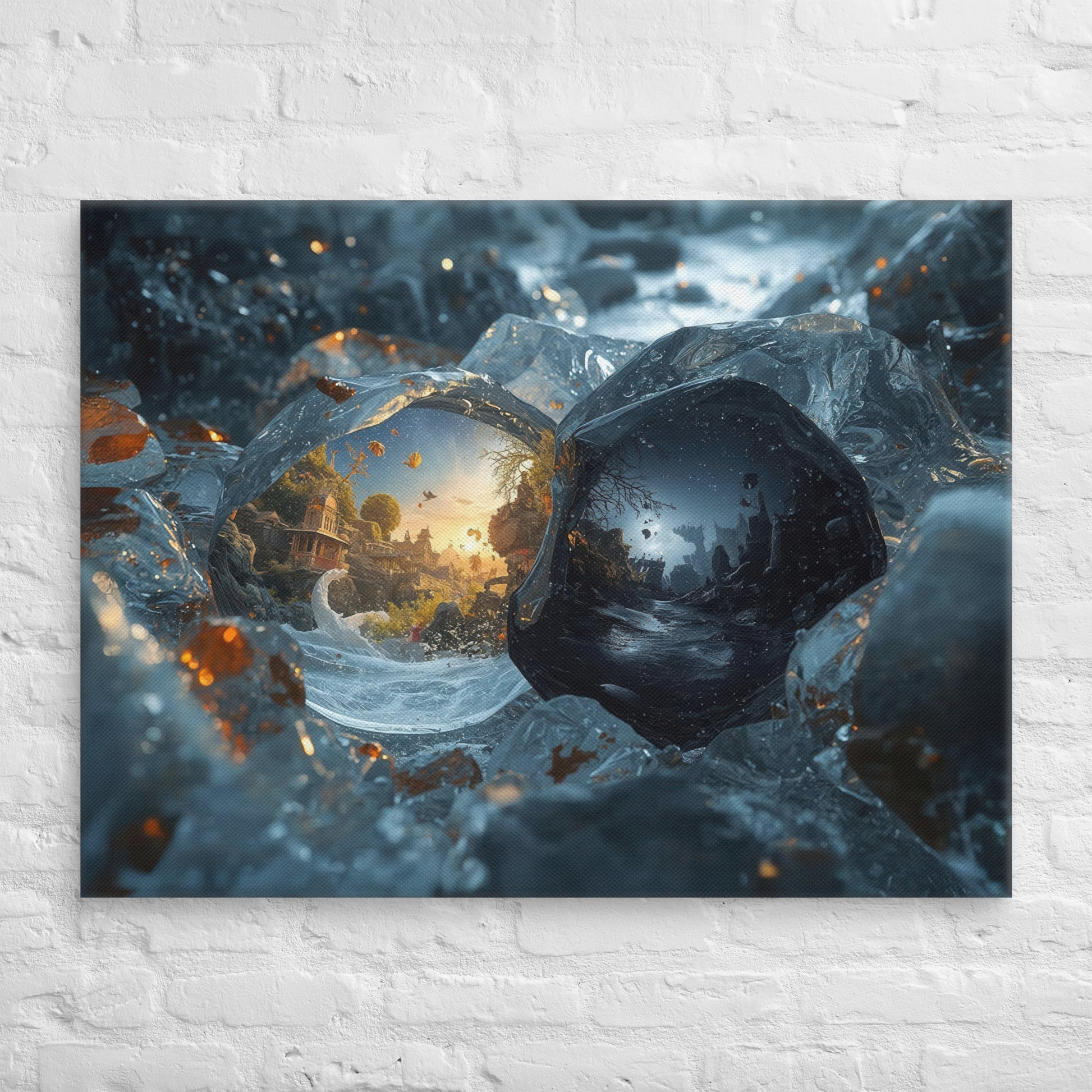 Abstract fantasy wall art depicting two contrasting worlds within crystalline forms.