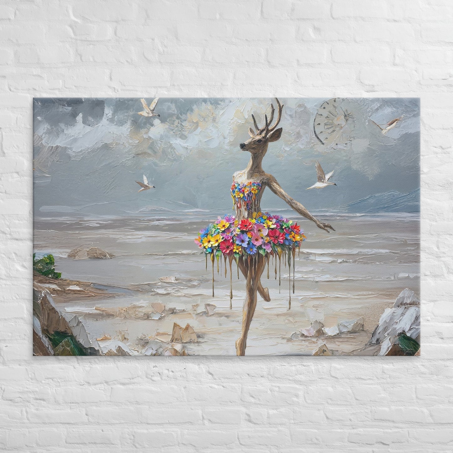 Floral Deer Ballerina Canvas | Surreal Fantasy Wall Art | Large Sizes