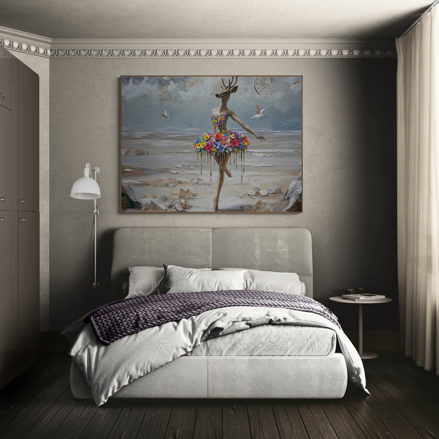 Large floral deer ballerina canvas displayed above bed, whimsical fantasy wall décor.