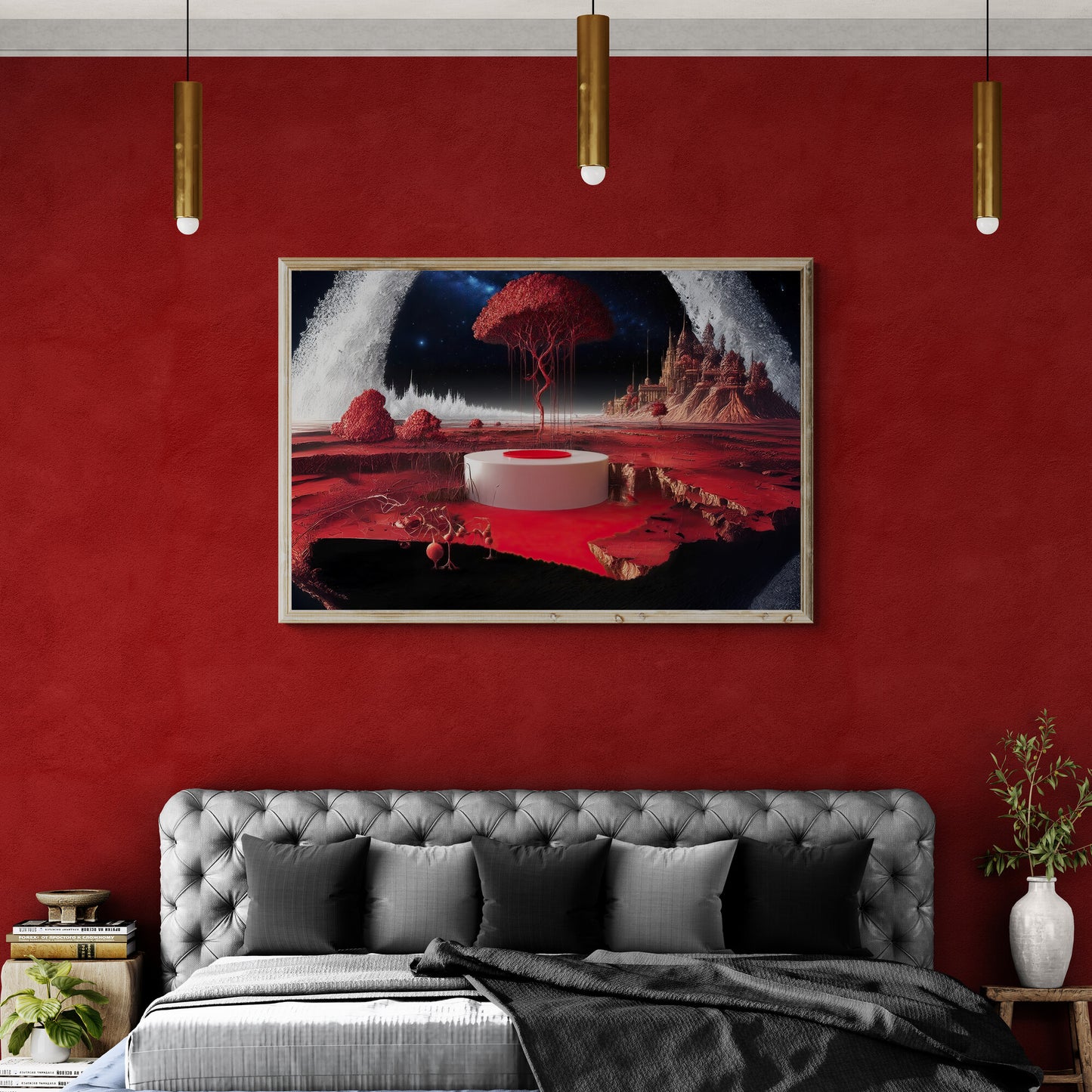 Red surreal cosmic dreamscape canvas wall art, fantasy landscape print with celestial horizon on red wall displayed above a bed. 