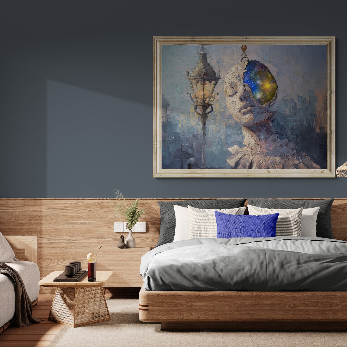 Large Cosmic Mind canvas above large bed, surreal abstract fantasy wall décor in horizontal format.