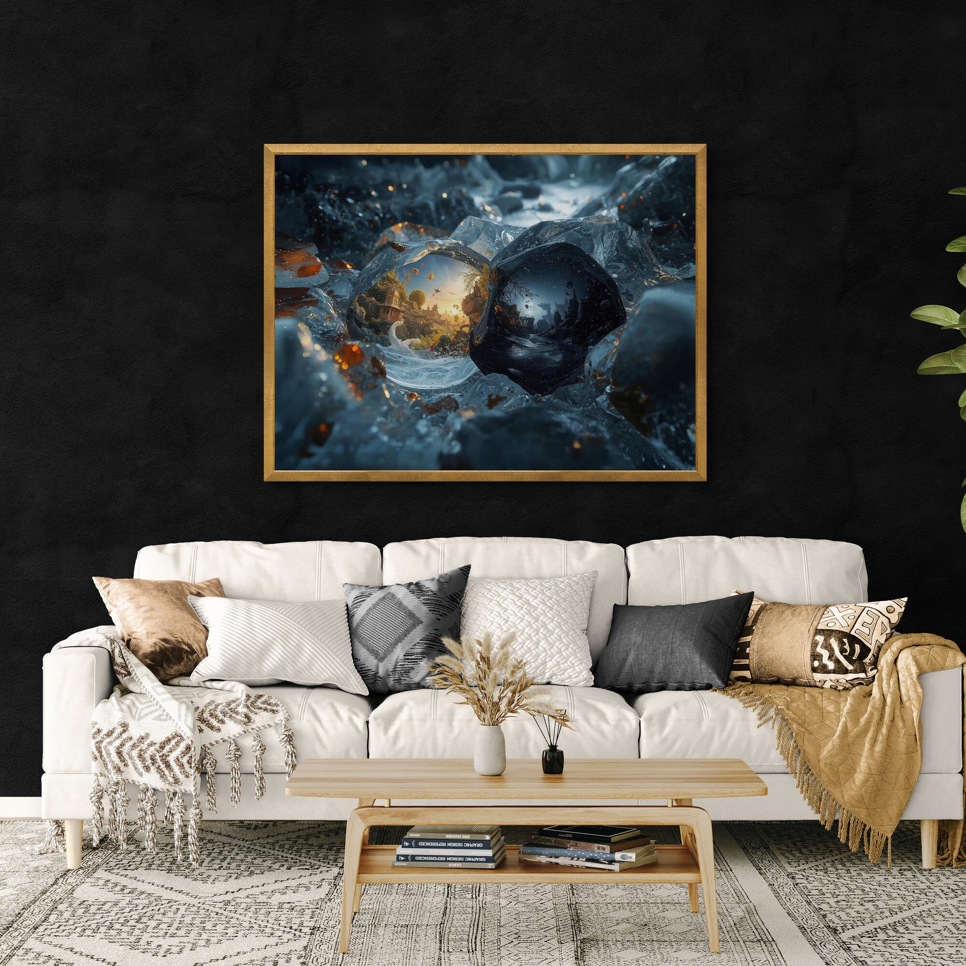 “Between Light and Shadow” — a conceptual fantasy artwork portraying dual miniature realms trapped within translucent crystal forms: one glowing with golden daylight and lush temples, the other shrouded in moonlight and mystery. Symbolizes balance, transformation, and the beauty of opposites.