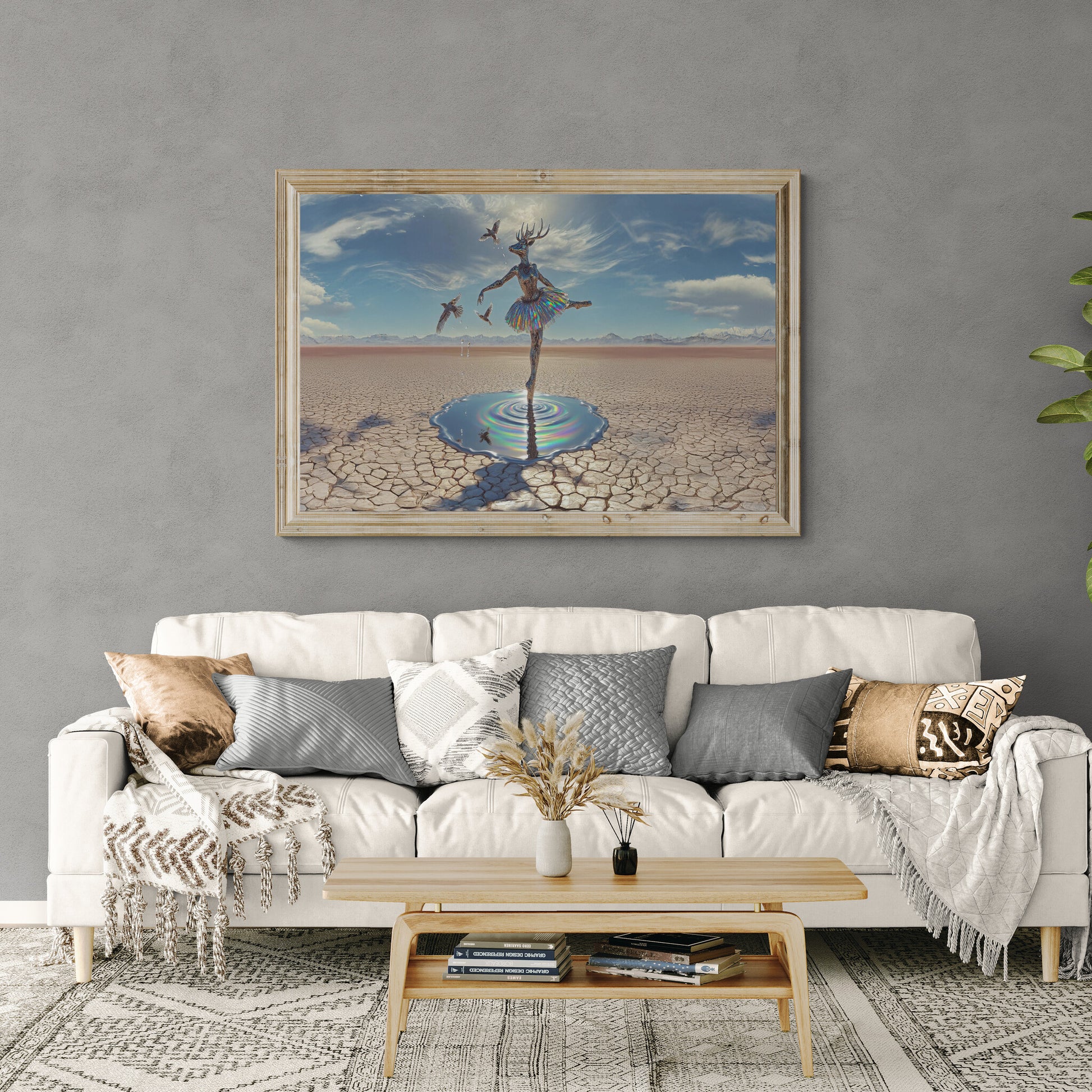 Large horizontal deer ballerina canvas displayed above sofa, surreal fantasy wall art décor.