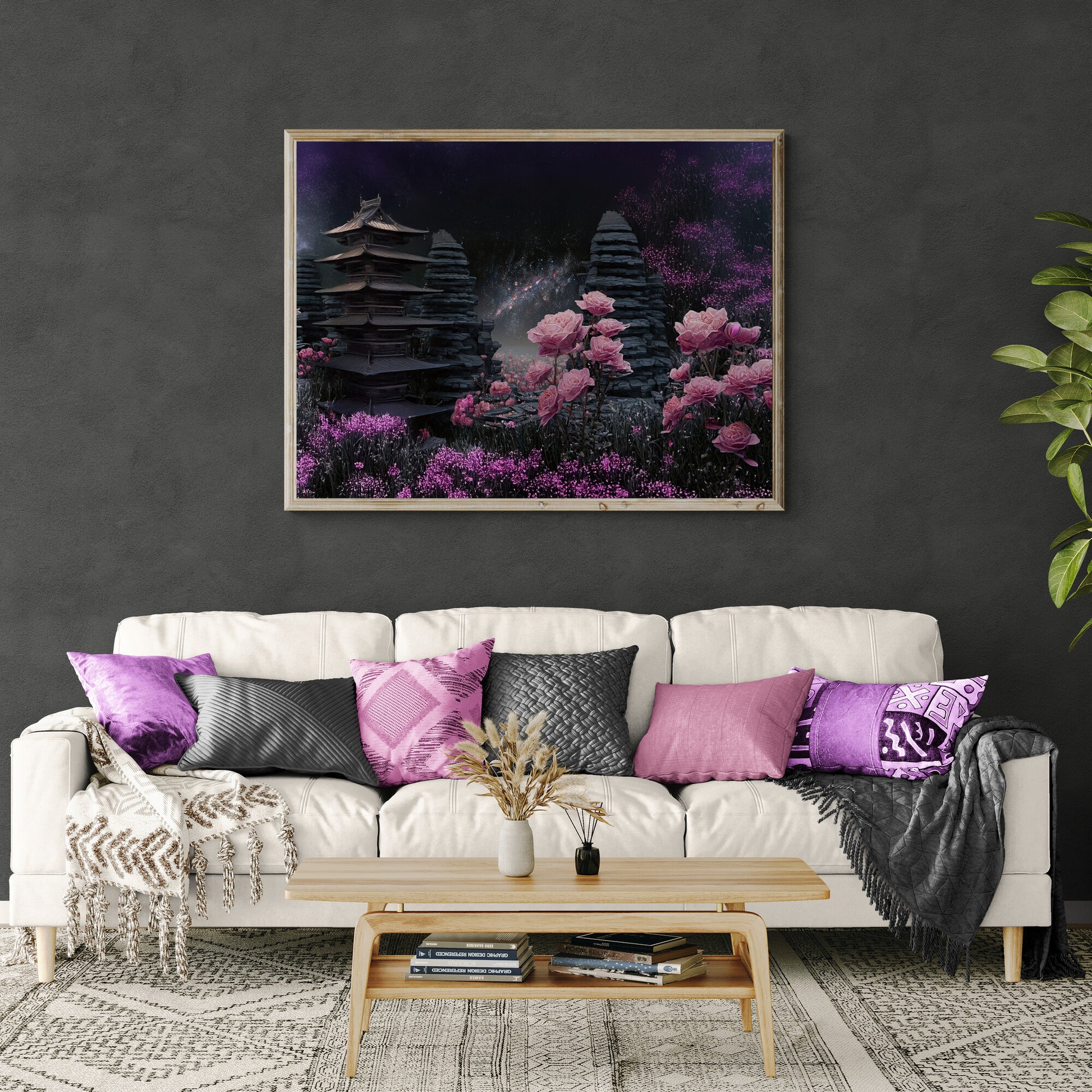 Living room with a white sofa, decorative pillows, and a celestial fantasy wall art featuring a starlit pagoda surrounded by luminous pink roses and galactic skies — a serene, dreamlike landscape for imaginative interiors