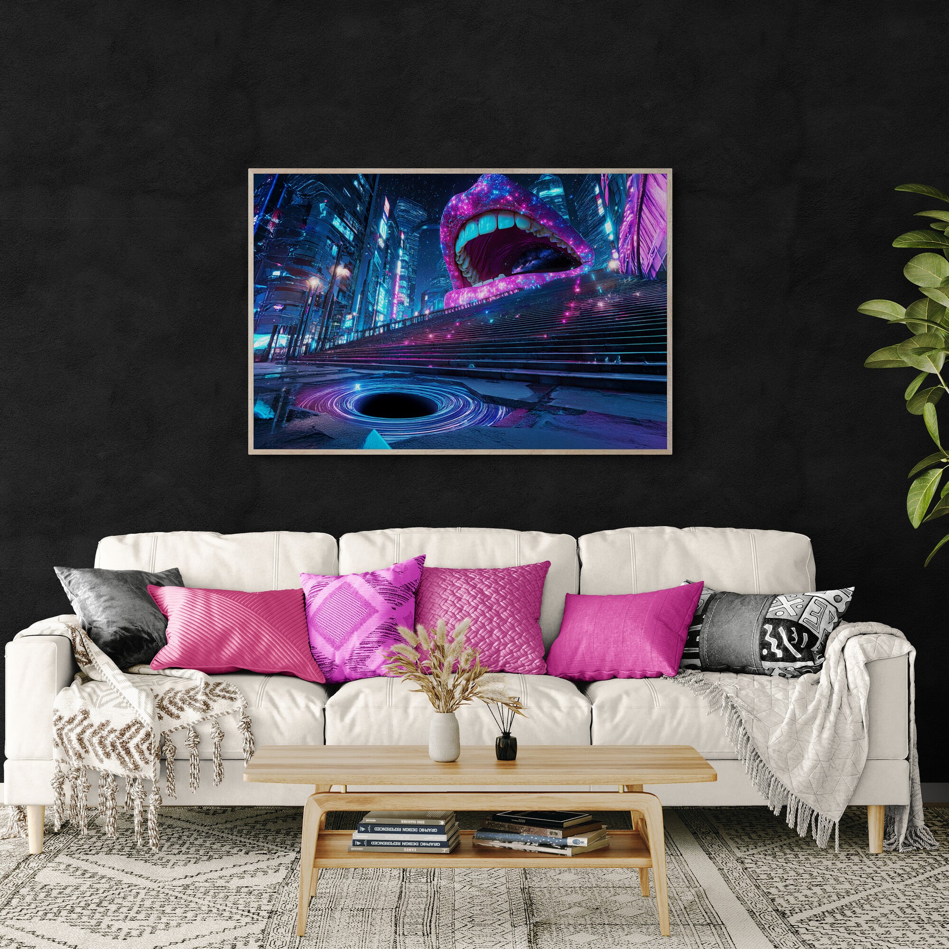 Living room with a white sofa, colorful pillows, and a bold cyberpunk fantasy canvas wall art with neon pink and blue lights, stairs, and surreal cosmic design.