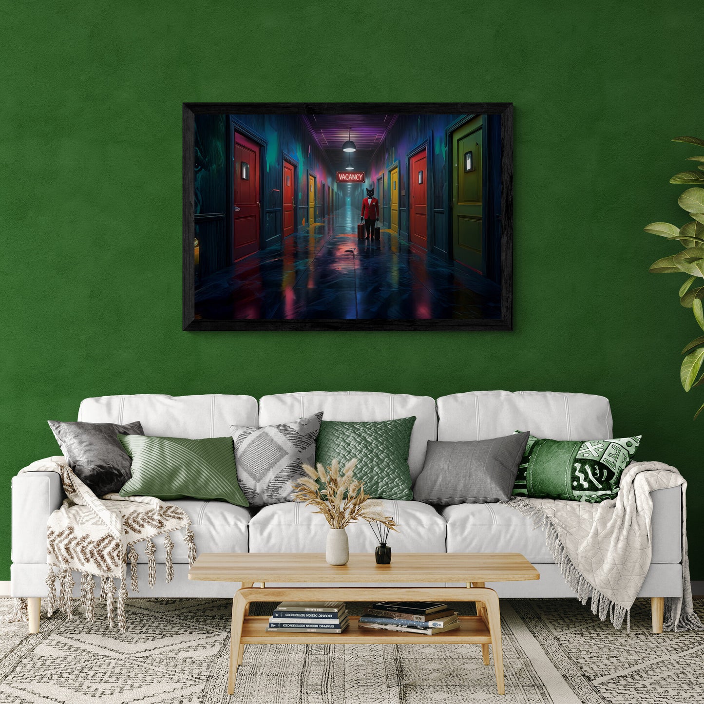 Framed artwork of a hallway with colorful doors on a green wall above a white sofa.
