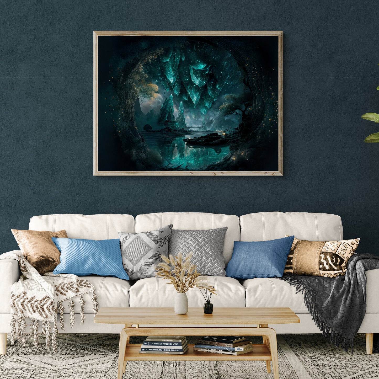 Surreal fantasy landscape of glowing turquoise crystal formations above a reflective lake, framed by trees, with mystical light illuminating the scene on wall in living room over a white modern couch.