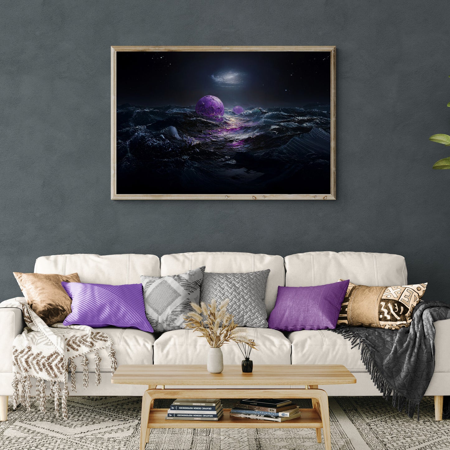 Surreal cosmic ocean scene with glowing purple orbs floating on dark waves under a starry night sky, illuminated by a distant galactic light above a white sofa with purple accent pillows.