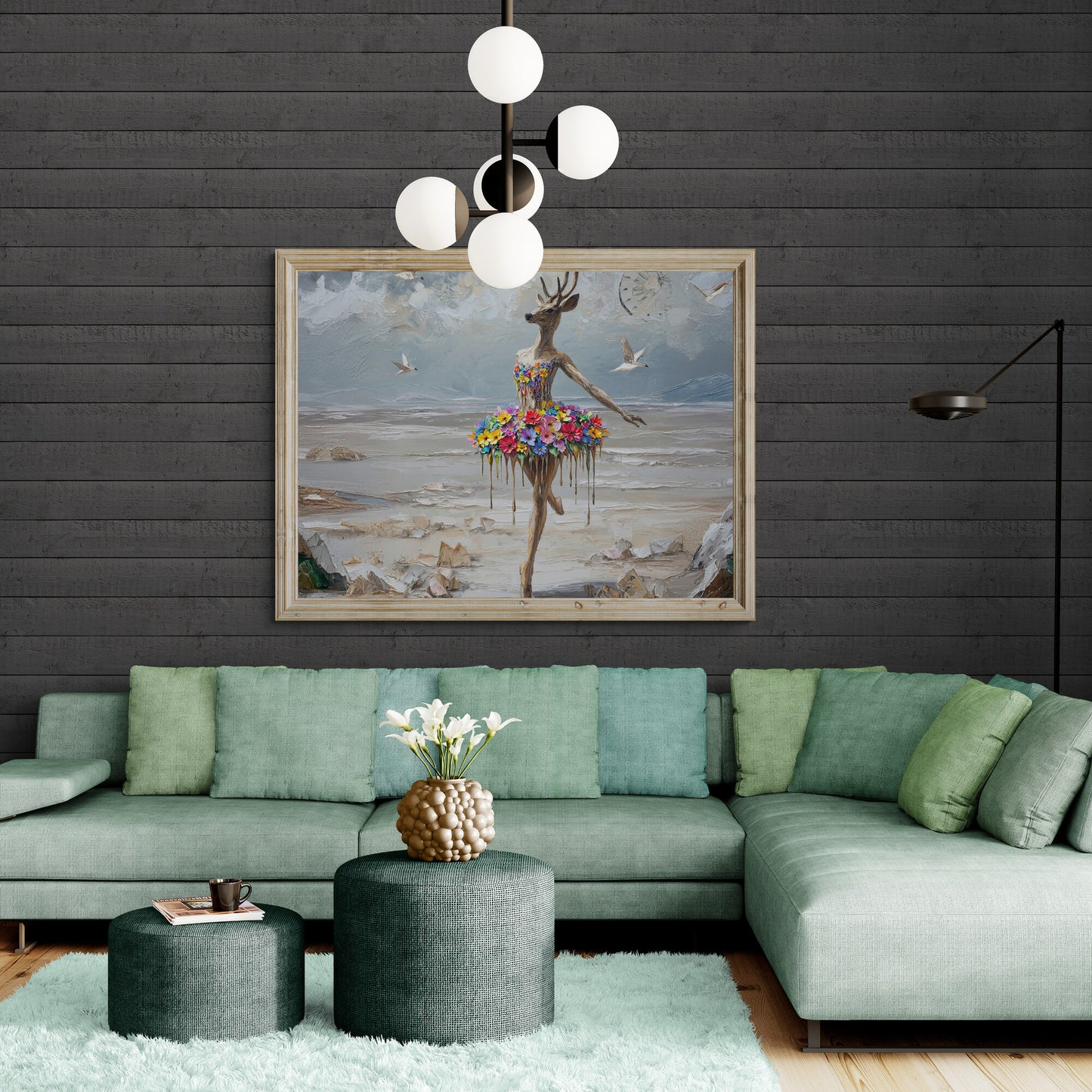 Large floral deer ballerina canvas displayed above sofa, whimsical fantasy wall décor.