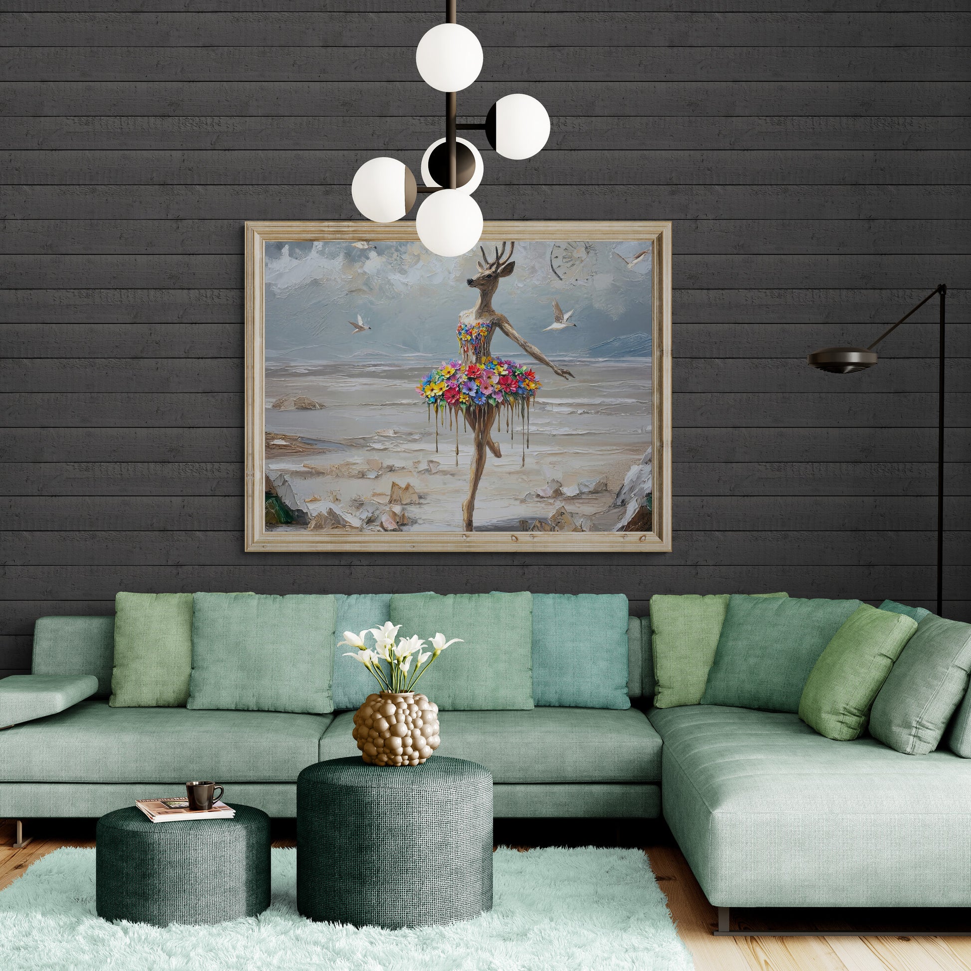 Large floral deer ballerina canvas displayed above sofa, whimsical fantasy wall décor.