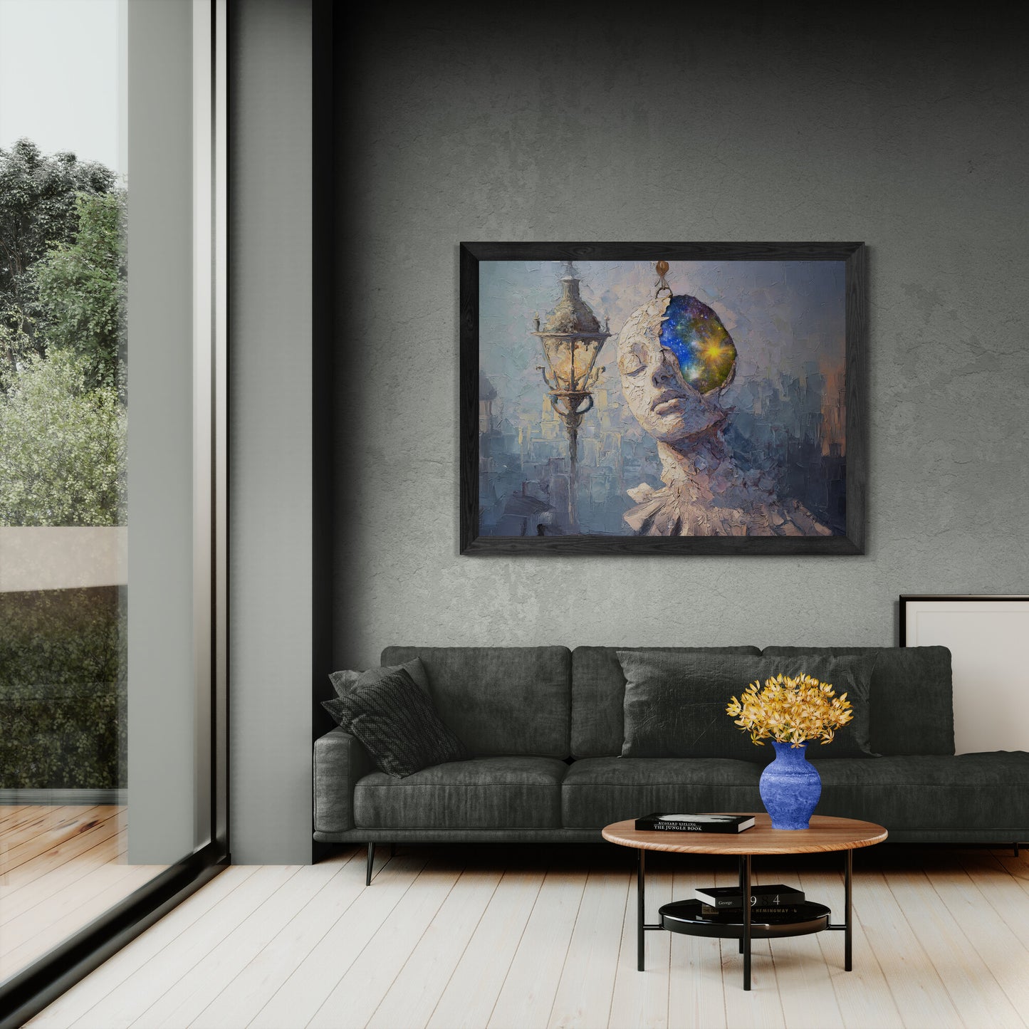 Large Cosmic Mind canvas above sofa, surreal fantasy wall décor in horizontal format.