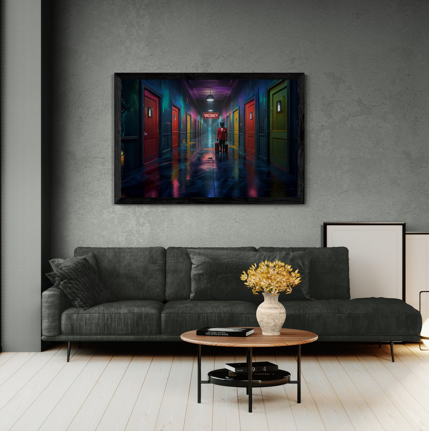 Living room with a dark gray sofa, wooden coffee table, and vibrant surreal hallway with neon lights and noir-style cat character, cinematic canvas wall art on the wall.