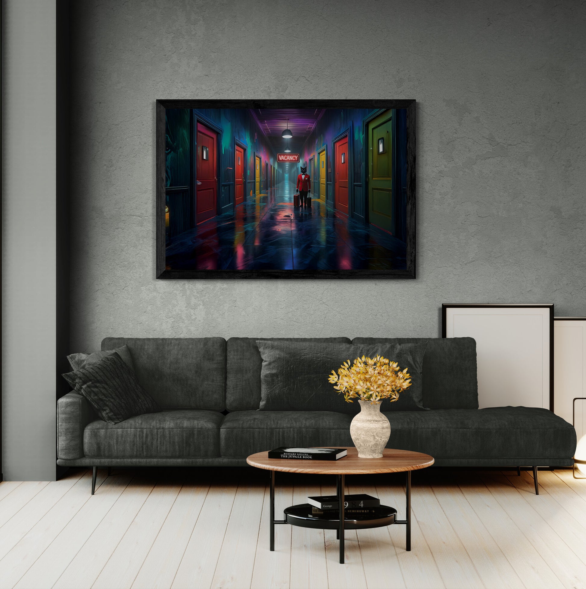 Living room with a dark gray sofa, wooden coffee table, and vibrant surreal hallway with neon lights and noir-style cat character, cinematic canvas wall art on the wall.