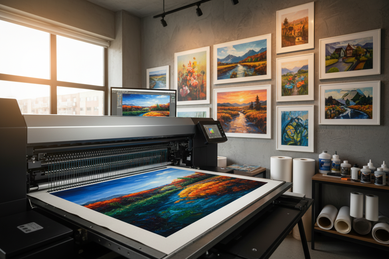 Large printer displaying a colorful landscape print in a room with framed artworks on the wall.