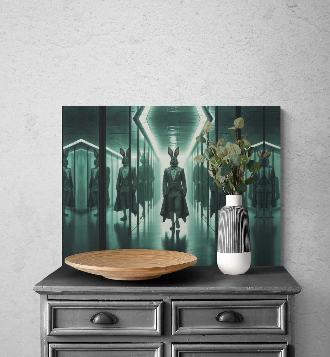 A surreal wall art canvas print of an anthropomorphic rabbit in a trench coat walking through a long hallway lined with tall mirrors reflecting his image. The dimly lit, liminal space has a dreamlike, eerie atmosphere with muted tones, perfect for weirdcore and surreal art lovers. Available in sizes 12x16, 16x20, 18x24, and 24x32 inches.