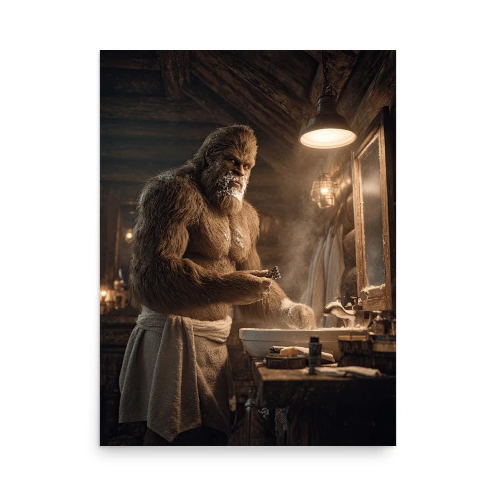Bigfoot Rustic Bathroom Poster | Smoky Mountains Cabin Wall Art | Sasquatch Lodge Décor | Funny Bathroom Print