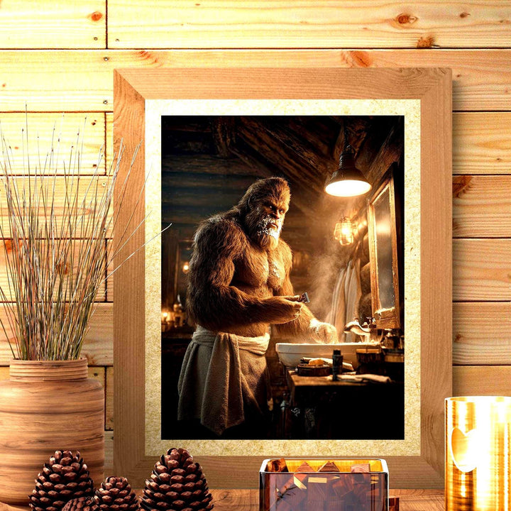Unframed humorous Bigfoot bathroom poster featuring Sasquatch wrapped in a towel and shaving in a rustic log cabin bathroom. This playful wall art blends cryptid folklore with cozy mountain lodge décor, perfect for Smoky Mountains, Pacific Northwest, or Adirondack-style homes. Available in 8x10, 12x16, 16x20, and 18x24 inches.