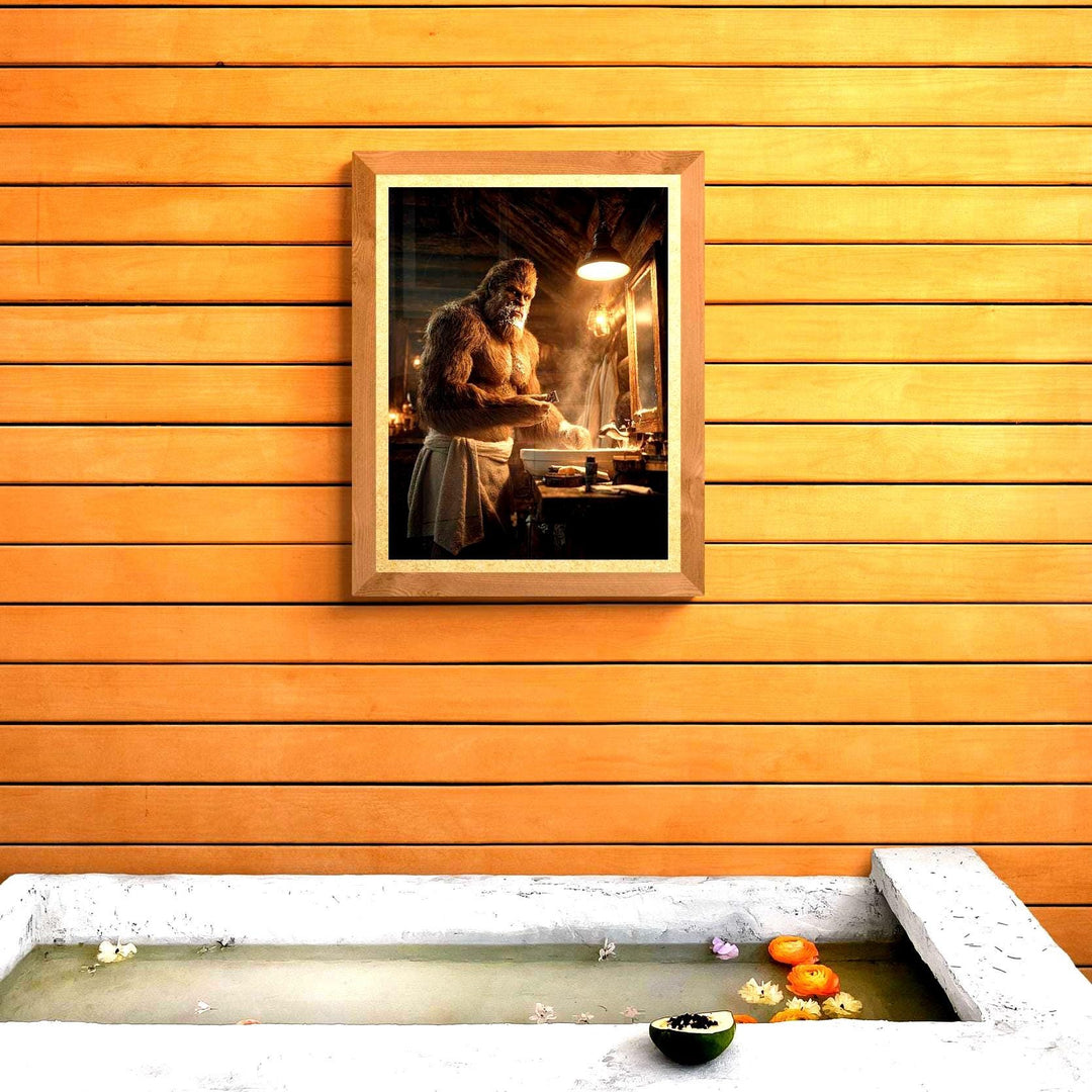 Unframed humorous Bigfoot bathroom poster featuring Sasquatch wrapped in a towel and shaving in a rustic log cabin bathroom. This playful wall art blends cryptid folklore with cozy mountain lodge décor, perfect for Smoky Mountains, Pacific Northwest, or Adirondack-style homes. Available in 8x10, 12x16, 16x20, and 18x24 inches.