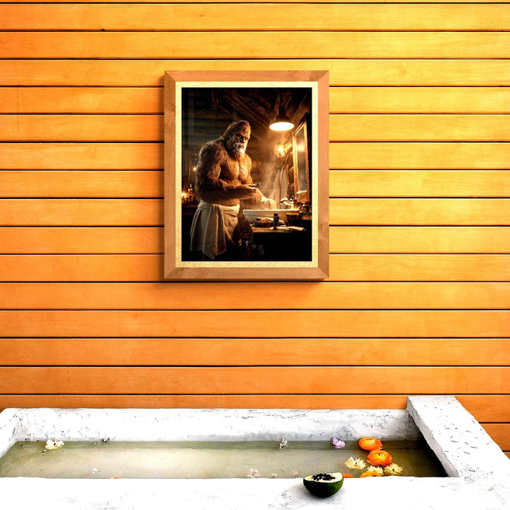 Unframed humorous Bigfoot bathroom poster featuring Sasquatch wrapped in a towel and shaving in a rustic log cabin bathroom. This playful wall art blends cryptid folklore with cozy mountain lodge décor, perfect for Smoky Mountains, Pacific Northwest, or Adirondack-style homes. Available in 8x10, 12x16, 16x20, and 18x24 inches.