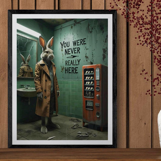 Weirdcore poster print of a surreal rabbit in a trench coat standing in a decaying bathroom with cracked mirrors, peeling paint, and eerie graffiti reading “You were never really here.” A dreamcore, creepy wall art piece with unsettling atmosphere and liminal space vibes. Available in 12x16, 16x20, and 18x24 inches.