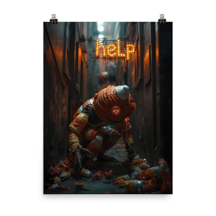 “Weirdcore Halloween poster of a stitched candy corn man kneeling in a neon-lit alley picking up candy wrappers, with a glowing ‘HELP’ sign in the background. Creepy, surreal wall art with bold colors and spooky urban atmosphere.”